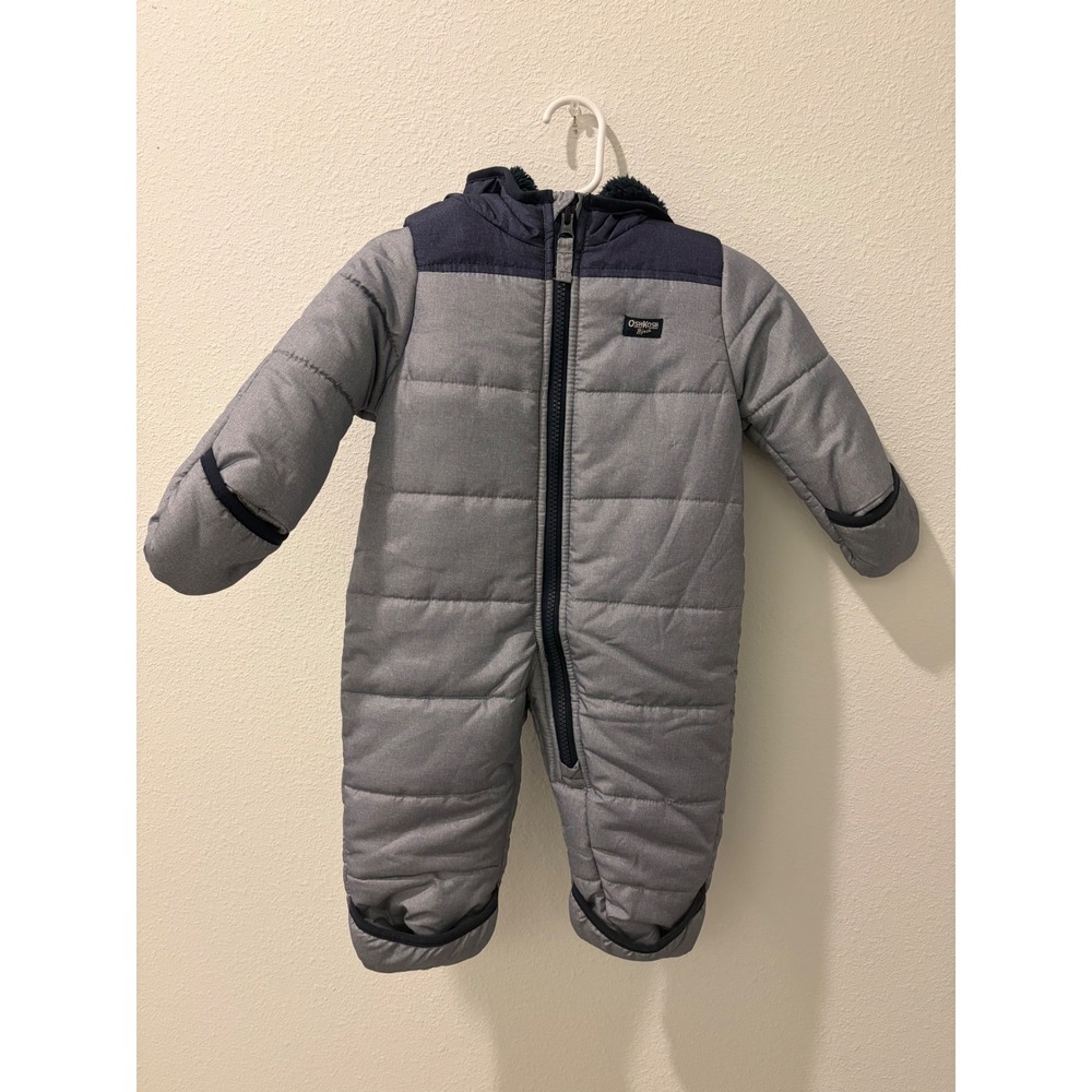 OshKosh Bgosh Baby Boy Gray Navy Blue Hooded Pram Snowsuit 6-9M Animal Ears
